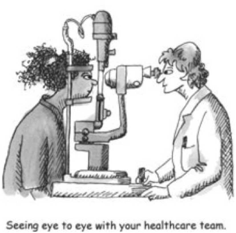 Cartoon showing a patient having eyes examined by her ophthalmologist with the caption "Seeing Eye to Eye with your healthcare team/."